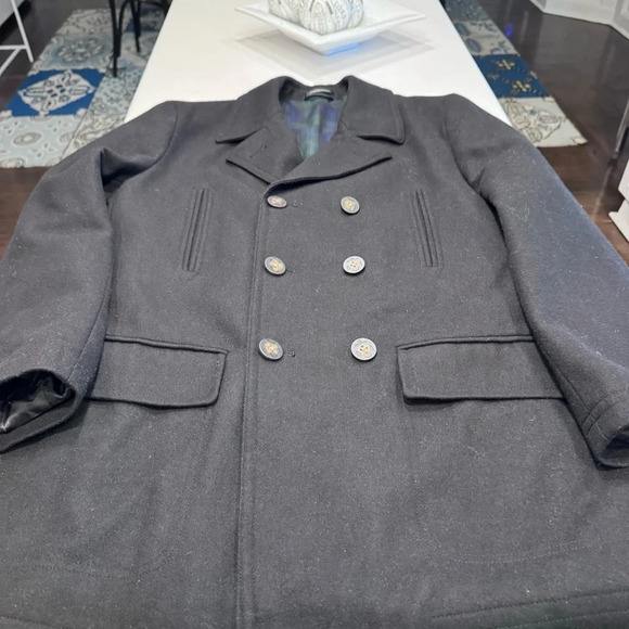 NEW Lauren Ralph Lauren Mens Peacoat 40R Black Double Breasted Wool Blend Coat - Picture 7 of 14